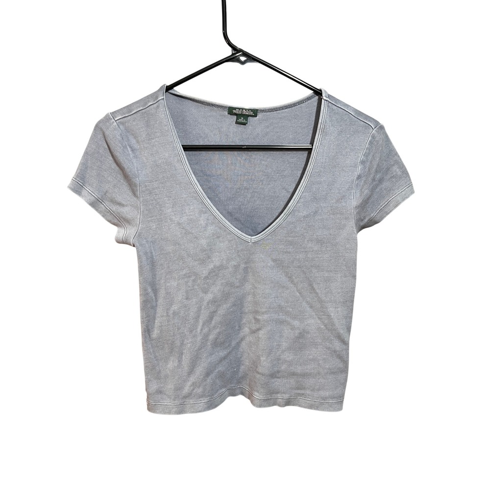 Wild Fable Cropped V-Neck Tee Womens Size M Grey Ribbed Cotton Short Sleeve Top